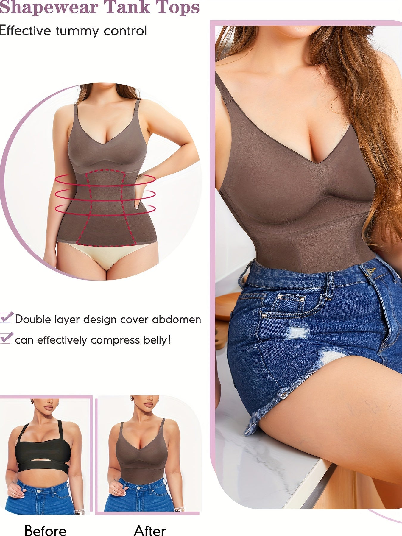 V Neck Compression Cami Tops, Tummy Control Slimmer Top, Women's Underwear & Shapewear