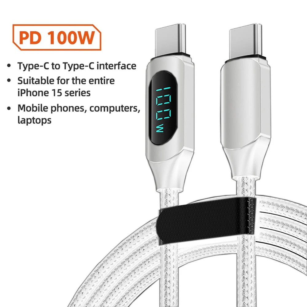 100W 1m/2m Real-time Digital Dispaly Type C to Type C Cable PD Fast Charger USB C to USB C Cable For iphone 15 16 Data Cord Wire
