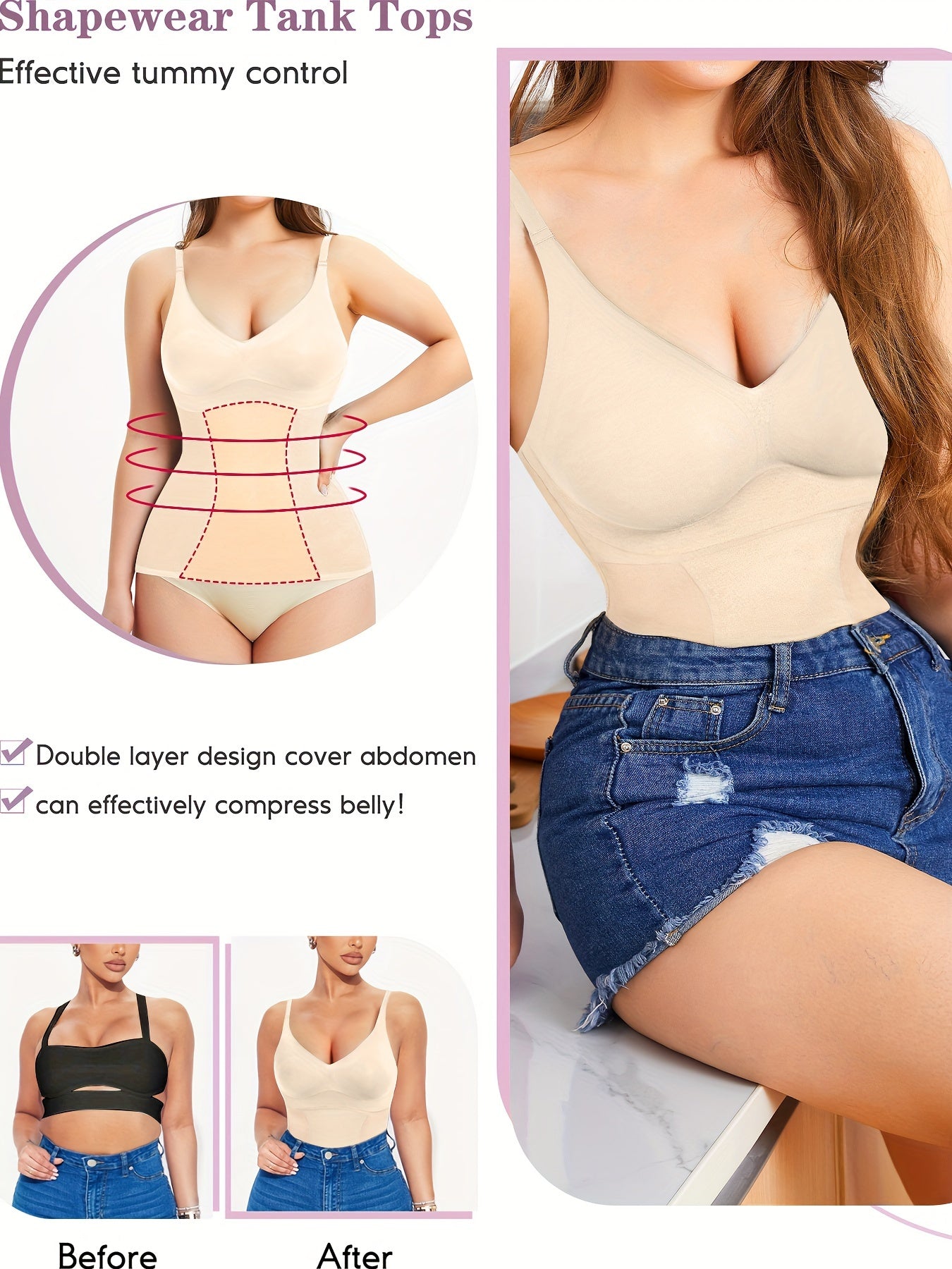 V Neck Compression Cami Tops, Tummy Control Slimmer Top, Women's Underwear & Shapewear