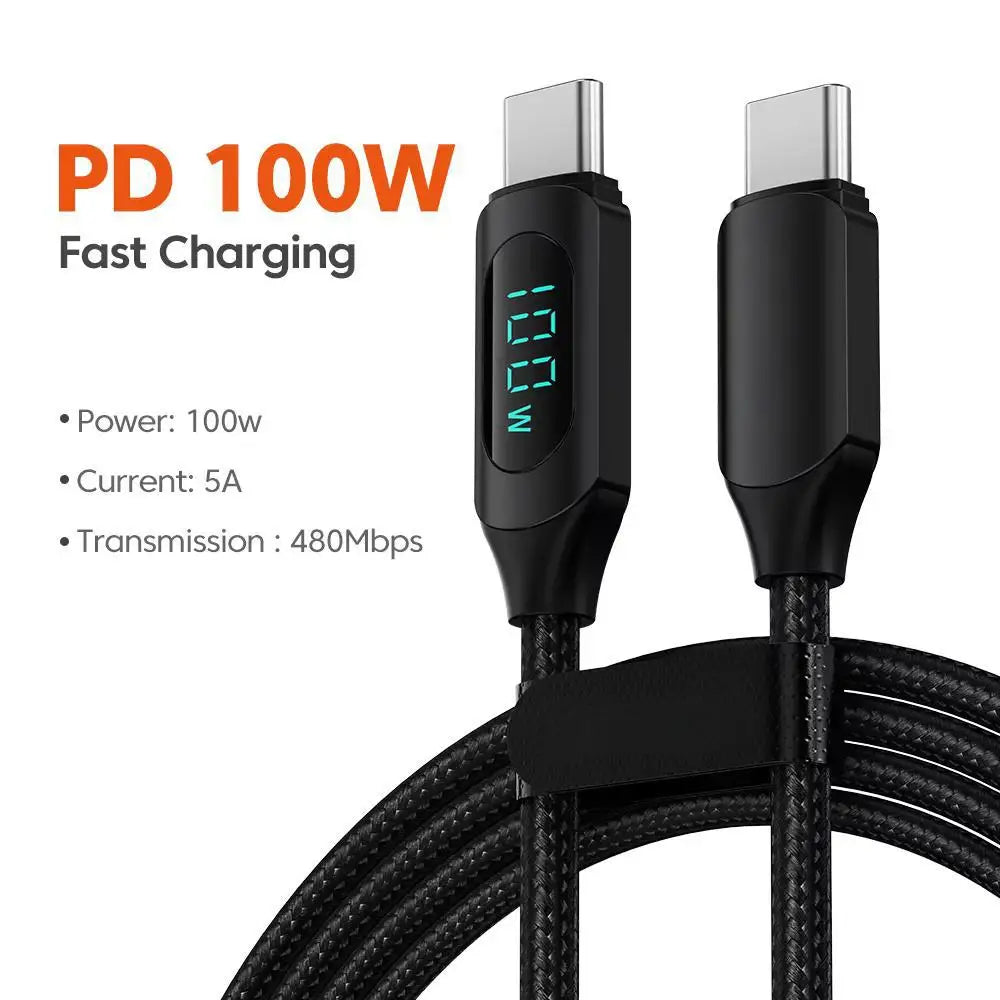 100W 1m/2m Real-time Digital Dispaly Type C to Type C Cable PD Fast Charger USB C to USB C Cable For iphone 15 16 Data Cord Wire