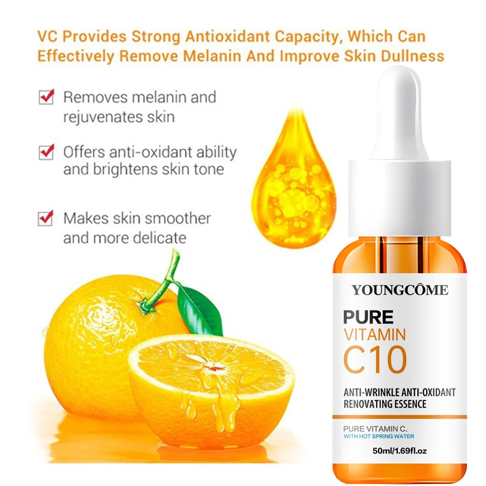 Esencia Facial de vitamina C, ácido hialurónico, suero iluminador de piel oscura, se desvanece, líneas finas, reparación hidratante, suero opaco, cuidado de la piel Facial