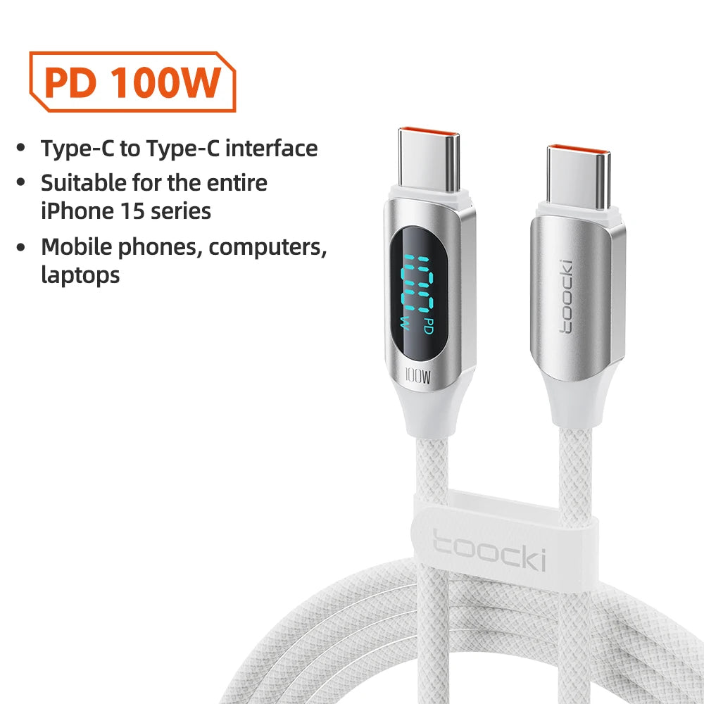 Toocki 100W USB C Cable for Samsung to 5A LED Digital Display High-Speed TypeC Wire for Xiaomi POCO Huawei USB Charger Data Cord