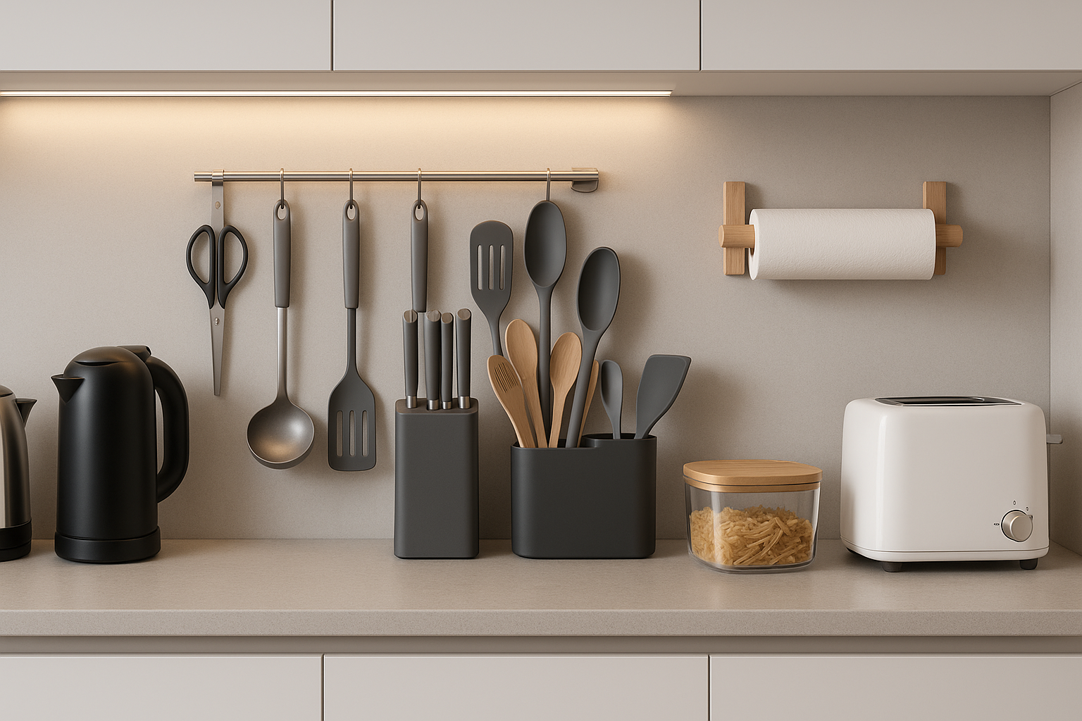 Cocina moderna minimalista con utensilios inteligentes, organizadores, lámparas LED cálidas y electrodomésticos compactos. Fondo blanco o gris claro, iluminación natural, estilo realista de catálogo, formato horizontal 1920x800 px. Sin texto.