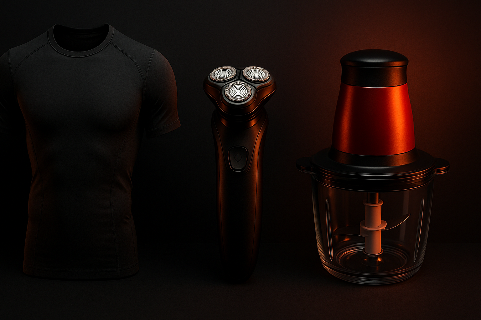 Fondo oscuro (negro o gris carbón) con iluminación dramática sobre productos variados (camiseta reductora, afeitadora eléctrica, gadget de cocina). Agrega efecto de luz roja o naranja tipo oferta. Estilo publicitario profesional, sin texto, formato horizontal 1920x800 px.