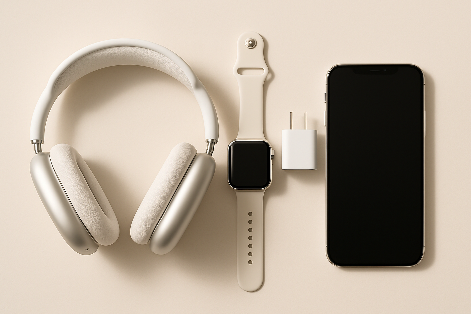 Imagen horizontal de productos tecnológicos sobre fondo limpio y moderno. Incluye audífonos inalámbricos, smartwatch, cargador y teléfono inteligente en disposición ordenada sobre superficie beige o blanca. Iluminación suave, estilo comercial elegante y realista, fotografía tipo catálogo. Sin texto.